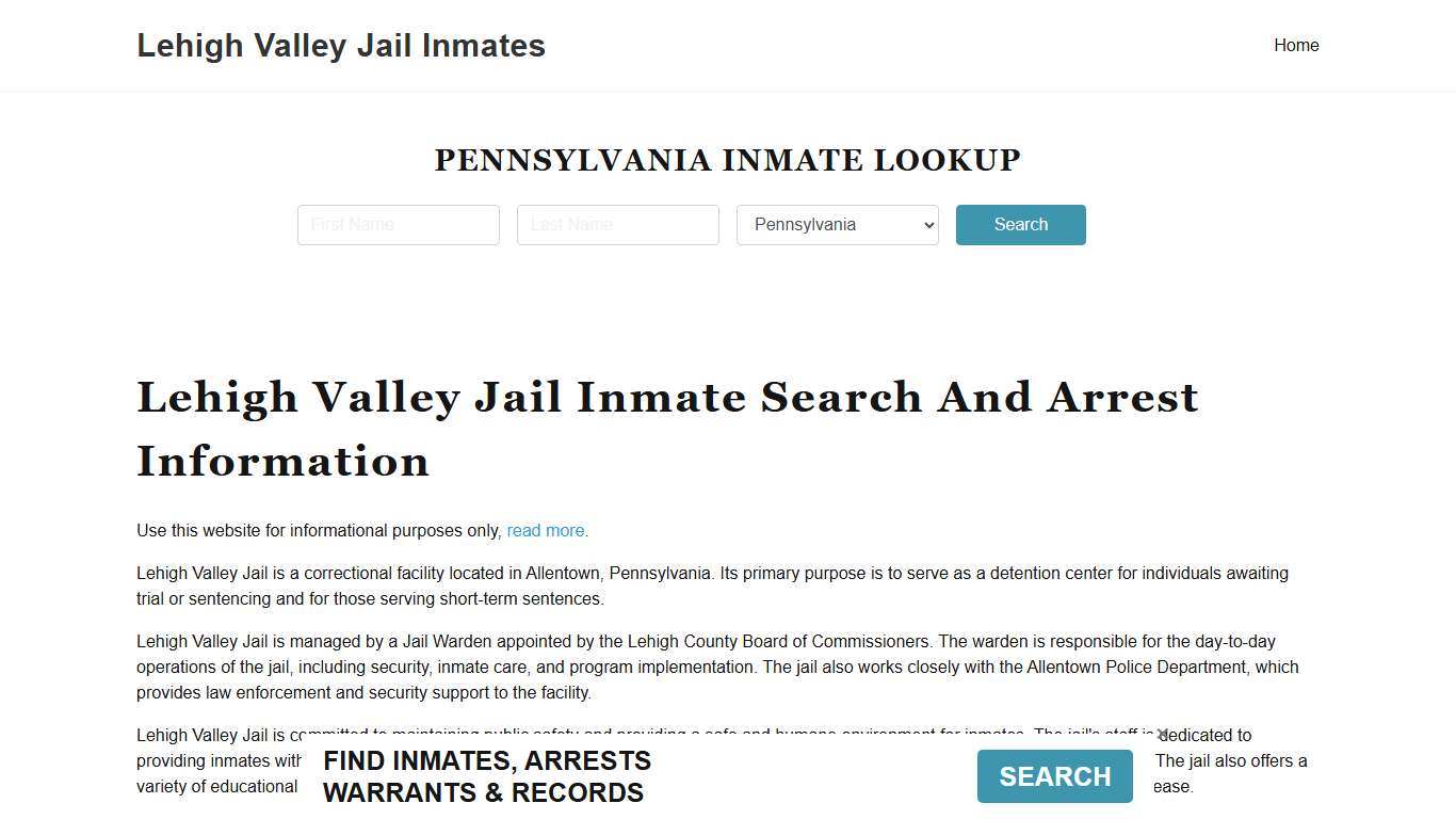 Lehigh Valley Jail, Police Department, PA Inmate Roster, Arrest Search